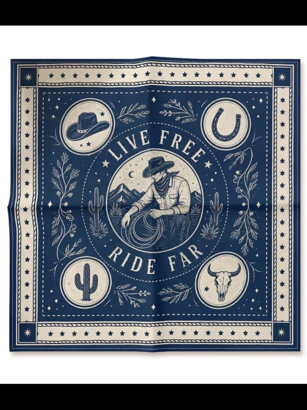 Live Free Ride Far Western Bandana - Navy & Cream